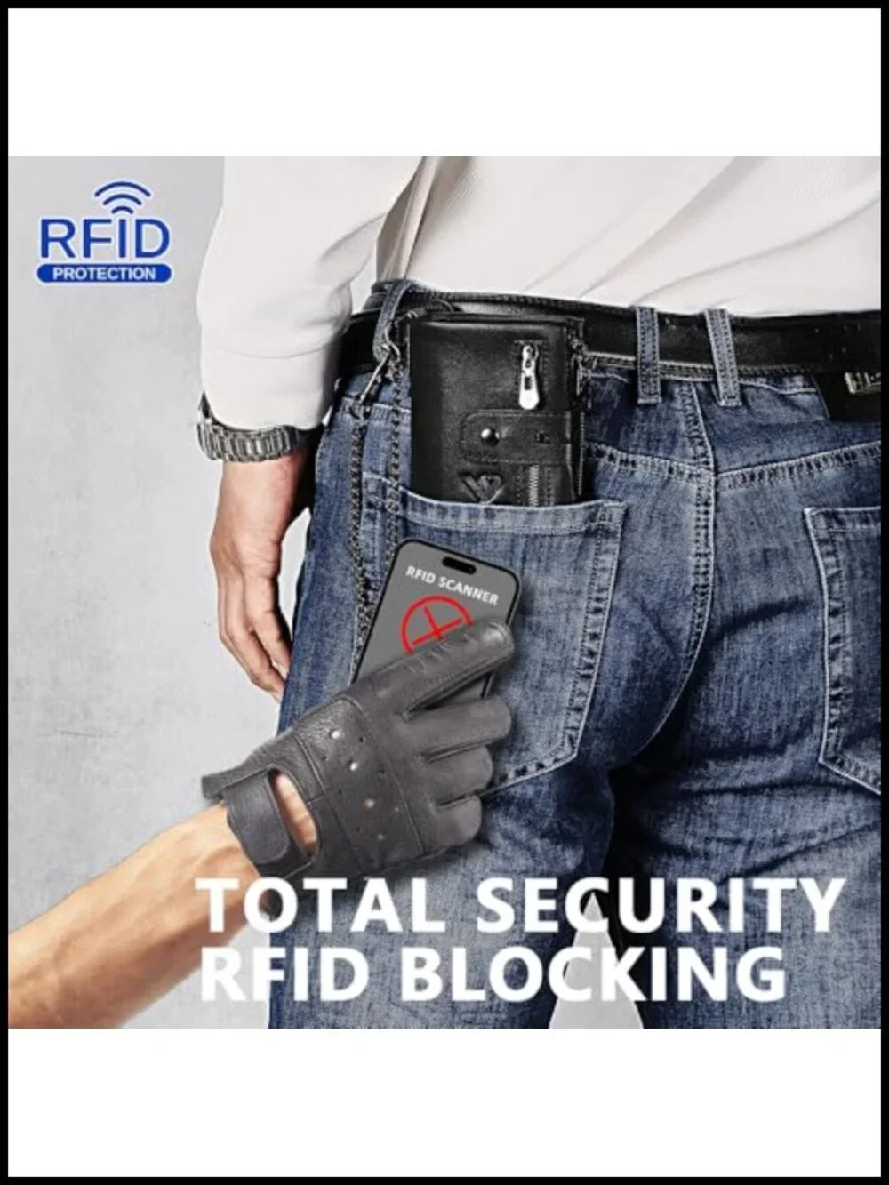 Anti-Theft Men's Genuine Leather Wallet with Chain, RFID Blocking Bifold